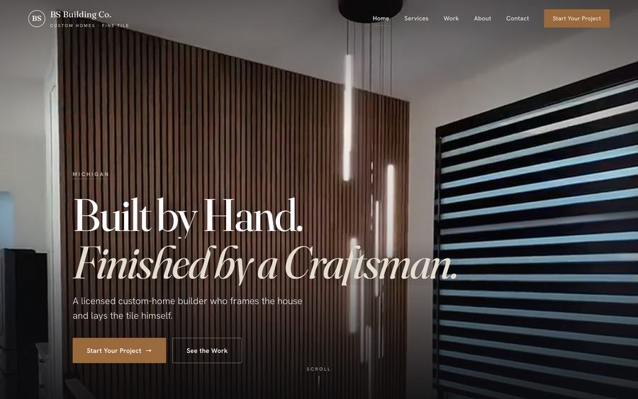 BS Building Co. — Custom homes · fine tile, a premium dark-navy website build by Opti·Algo