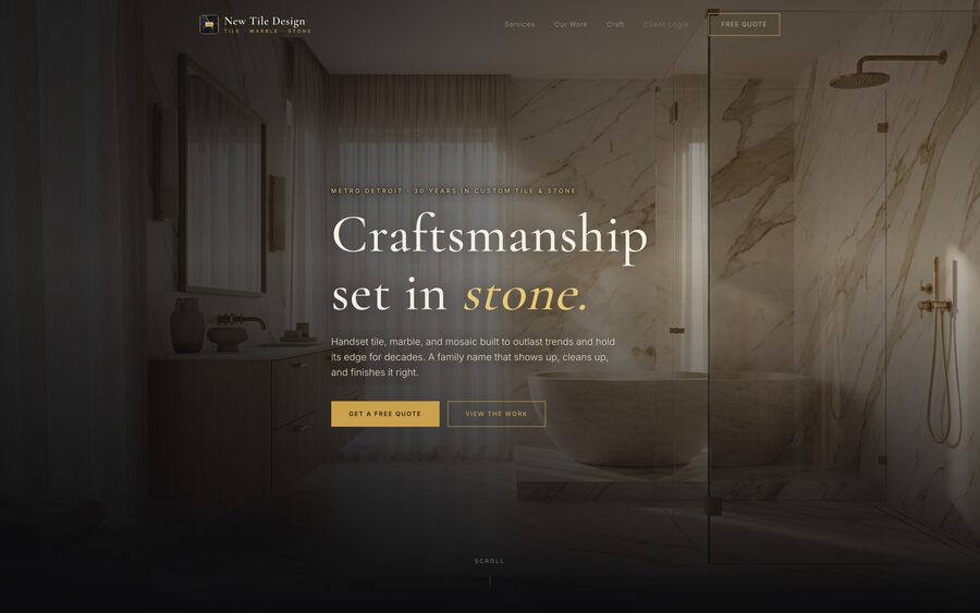 newtiledesign.com — a premium tile & stone website built by Opti·Algo, headline reading Craftsmanship set in stone