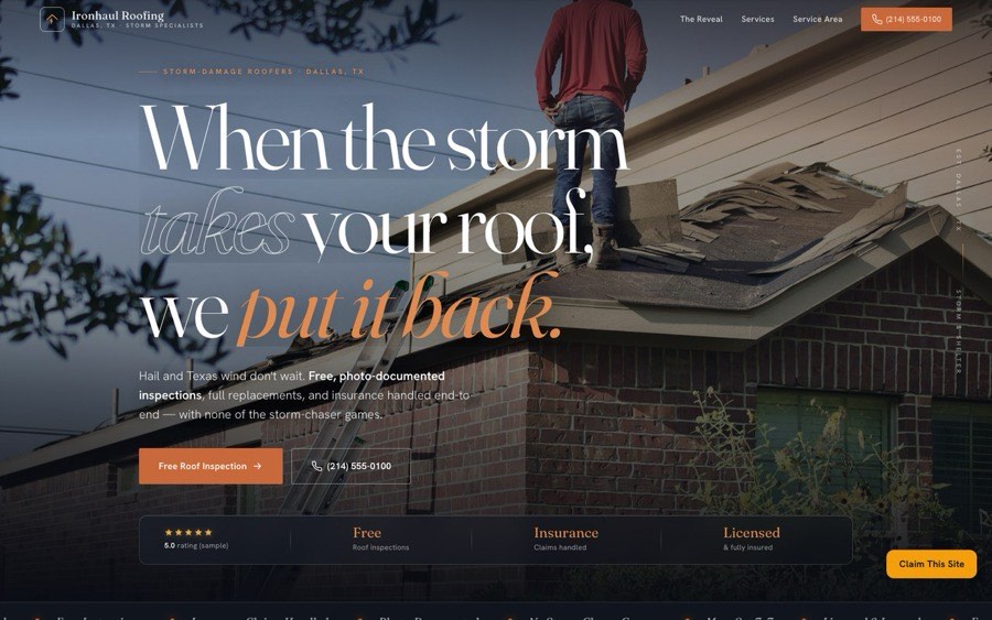 Roofing — Storm-damage roofing, a premium dark-navy website build by Opti·Algo