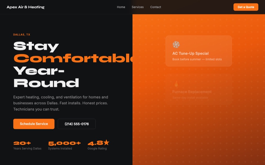Spec-site build for an HVAC company — homepage with service areas and booking