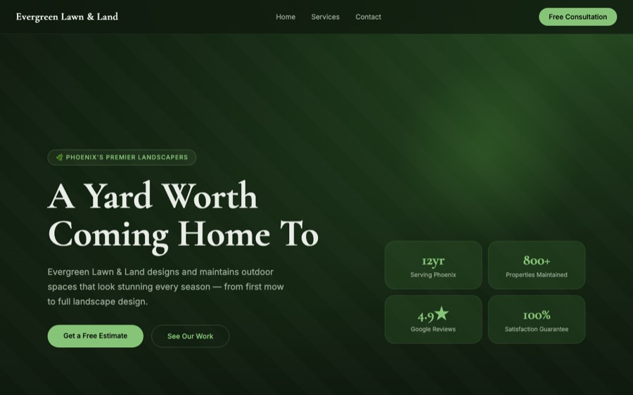 Spec-site build for a landscaping company — homepage with gallery and contact