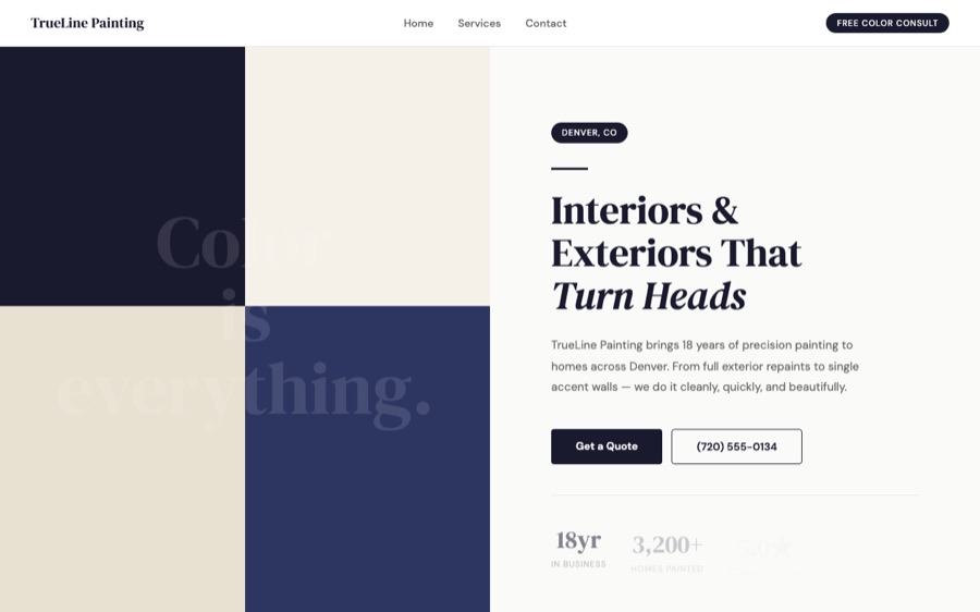 Spec-site build for a painting company — homepage with portfolio and quote request