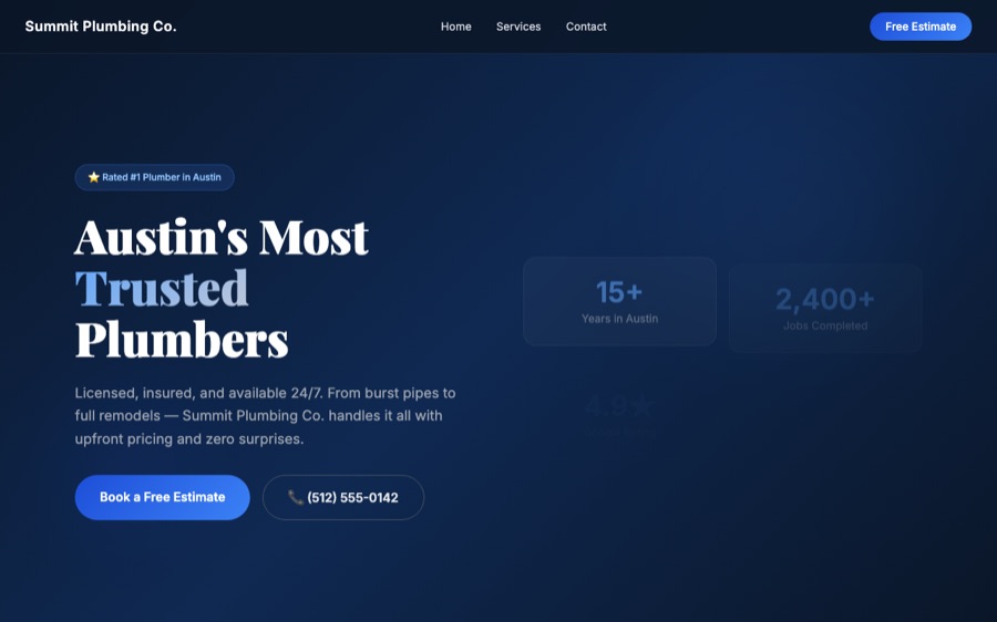 Spec-site build for a plumbing company — homepage with services and call-to-action