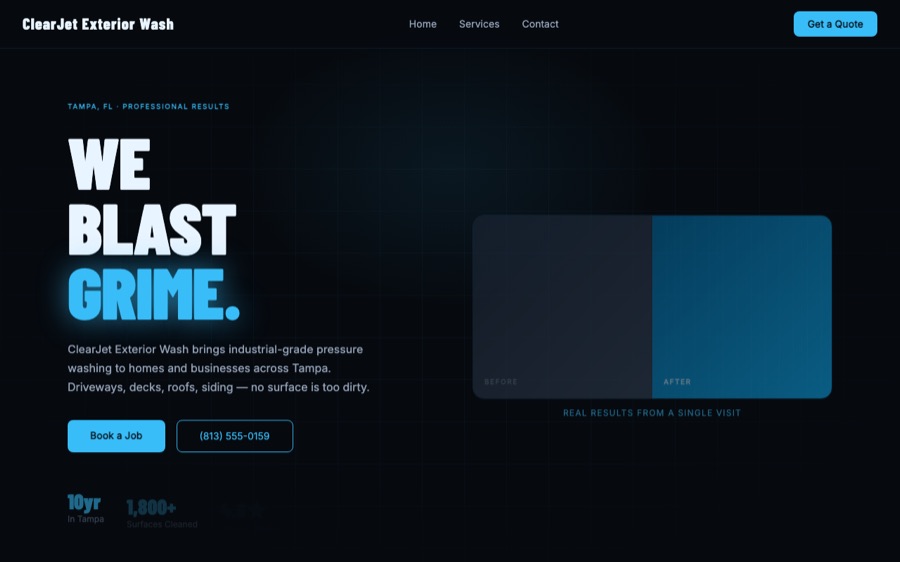 Spec-site build for a pressure-washing company — homepage with before/after and booking